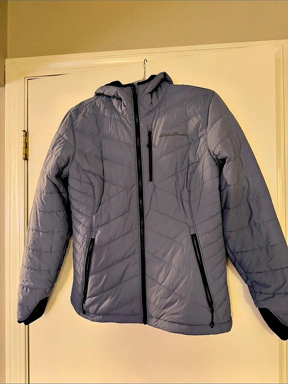 Eddie Bauer Quilted Hooded Puffer Jacket in Gray/Purple